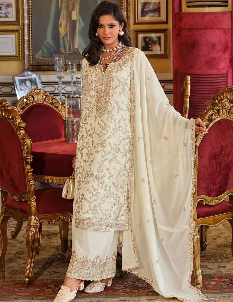 Adults-Women Woven Design Embroidered Kurta with Palazzos & Dupatta