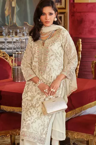 Adults-Women Woven Design Embroidered Kurta with Palazzos & Dupatta