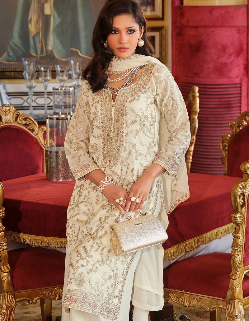 Adults-Women Woven Design Embroidered Kurta with Palazzos & Dupatta