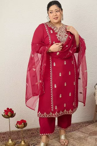 Plus Size Ethnic Motifs Embroidered Regular Kurta with Trousers & With Dupatta