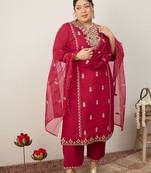 Plus Size Ethnic Motifs Embroidered Regular Kurta with Trousers & With Dupatta