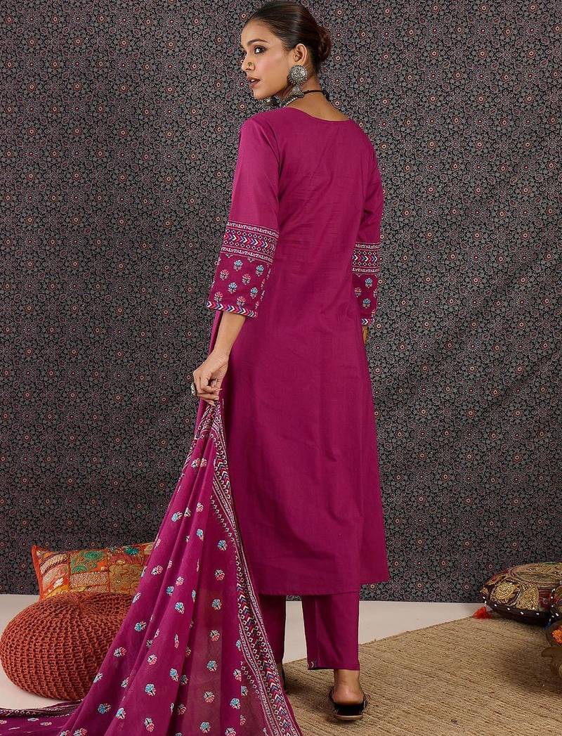 Floral Embroidered Round Neck Pure Cotton Straight Kurta With Trousers & Dupatta