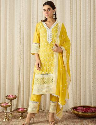 Women Embroidered Regular Chikankari Pure Cotton Kurta With Trousers & Dupatta 1