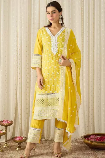 Women Embroidered Regular Chikankari Pure Cotton Kurta With Trousers & Dupatta