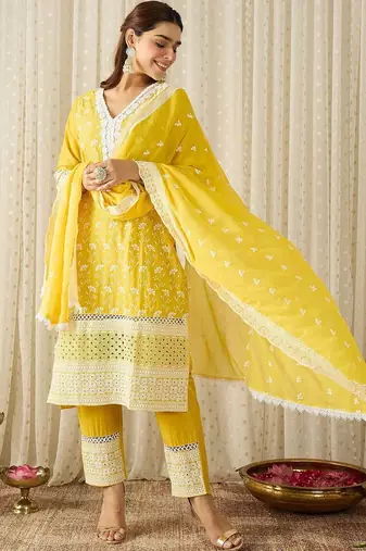 Women Embroidered Regular Chikankari Pure Cotton Kurta With Trousers & Dupatta