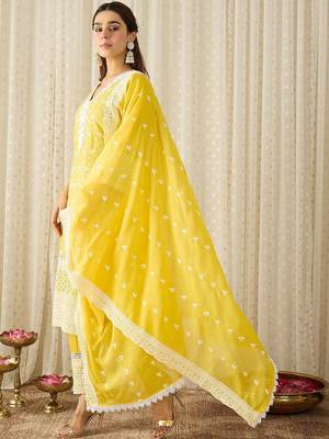 Women Embroidered Regular Chikankari Pure Cotton Kurta With Trousers & Dupatta 4