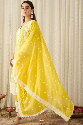 Women Embroidered Regular Chikankari Pure Cotton Kurta With Trousers & Dupatta