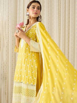 Women Embroidered Regular Chikankari Pure Cotton Kurta With Trousers & Dupatta 6