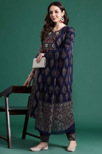 Ethnic Motifs Printed Panelled Mirror Work  Cotton Kurta Set