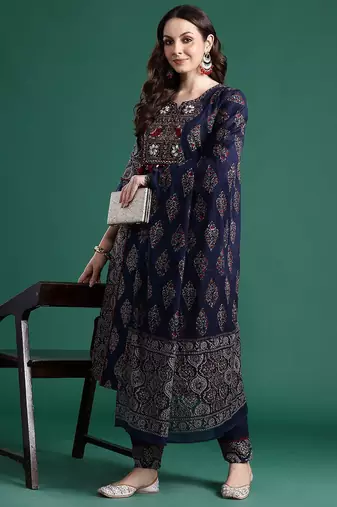 Ethnic Motifs Printed Panelled Mirror Work Pure Cotton Kurta Set