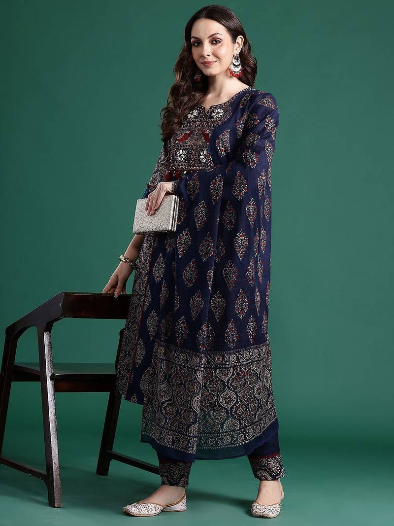 Ethnic Motifs Printed Panelled Mirror Work Pure Cotton Kurta Set