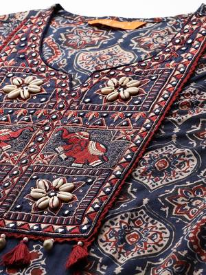 Ethnic Motifs Printed Panelled Mirror Work Pure Cotton Kurta Set 2