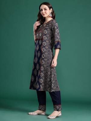 Ethnic Motifs Printed Panelled Mirror Work Pure Cotton Kurta Set 5