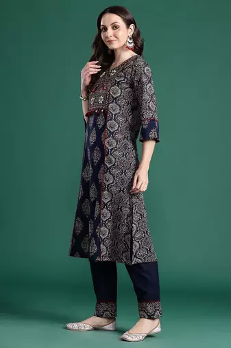 Ethnic Motifs Printed Panelled Mirror Work Pure Cotton Kurta Set