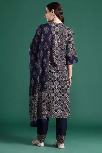 Ethnic Motifs Printed Panelled Mirror Work Pure Cotton Kurta Set