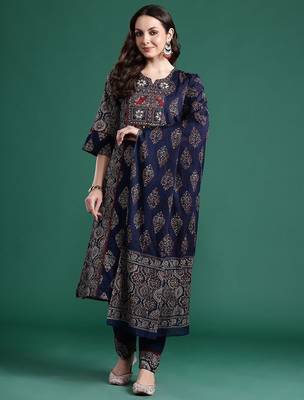Ethnic Motifs Printed Panelled Mirror Work Pure Cotton Kurta Set 7