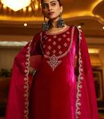 Women Ethnic Motifs Embroidered Regular Velvet Kurta with Trousers & With Dupatta