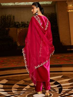 Women Ethnic Motifs Embroidered Regular Velvet Kurta with Trousers & With Dupatta 4