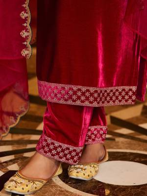 Women Ethnic Motifs Embroidered Regular Velvet Kurta with Trousers & With Dupatta 5