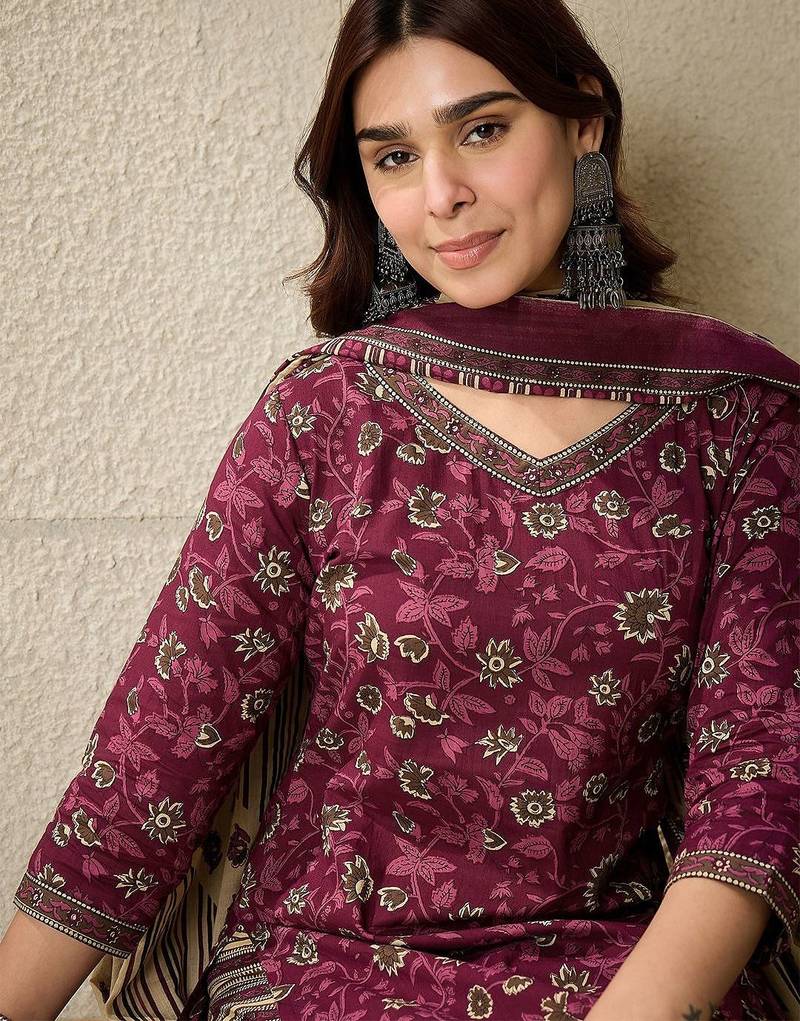 Women Floral Printed Regular Pure Cotton Kurta with Salwar & With Dupatta