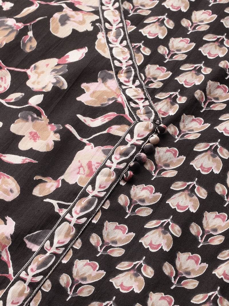 Women Floral Printed Angrakha Pure Cotton Kurta with Trousers & With Dupatta