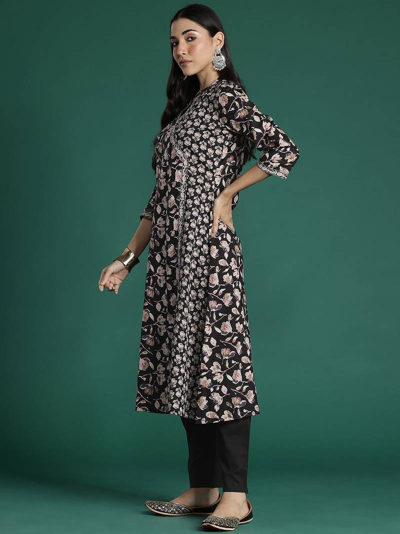 Women Floral Printed Angrakha Pure Cotton Kurta with Trousers & With Dupatta
