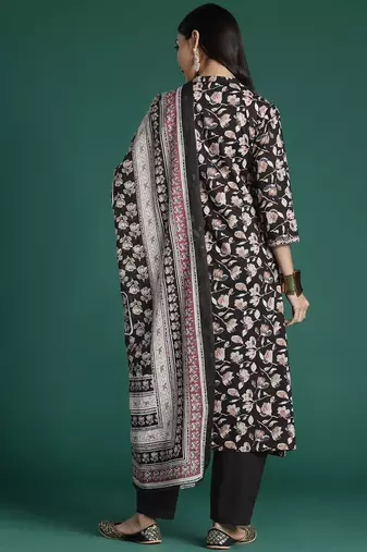Women Floral Printed Angrakha Pure Cotton Kurta with Trousers & With Dupatta