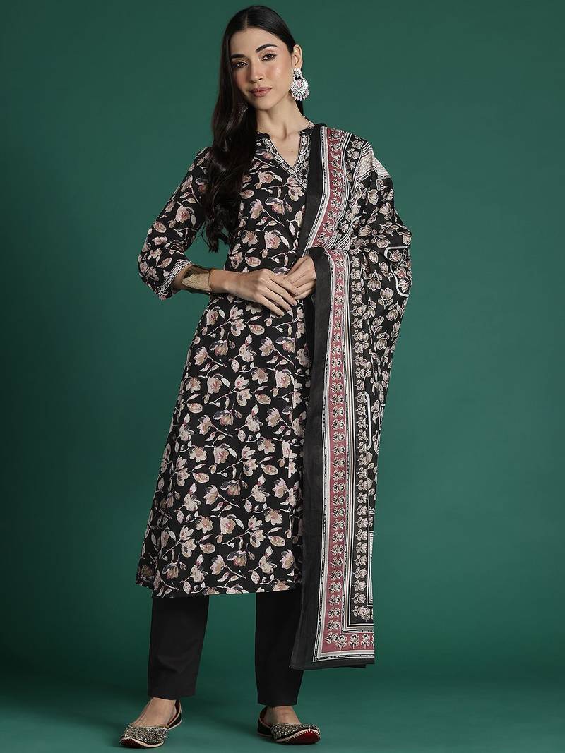 Women Floral Printed Angrakha Pure Cotton Kurta with Trousers & With Dupatta