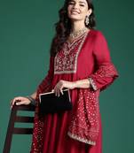 Floral Yoke Design Sequinned Kurta With Trousers & Dupatta