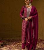 Ethic Motifs Woven Design Straight Kurta with Trousers & Dupatta