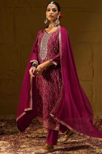 Ethic Motifs Woven Design Straight Kurta with Trousers & Dupatta