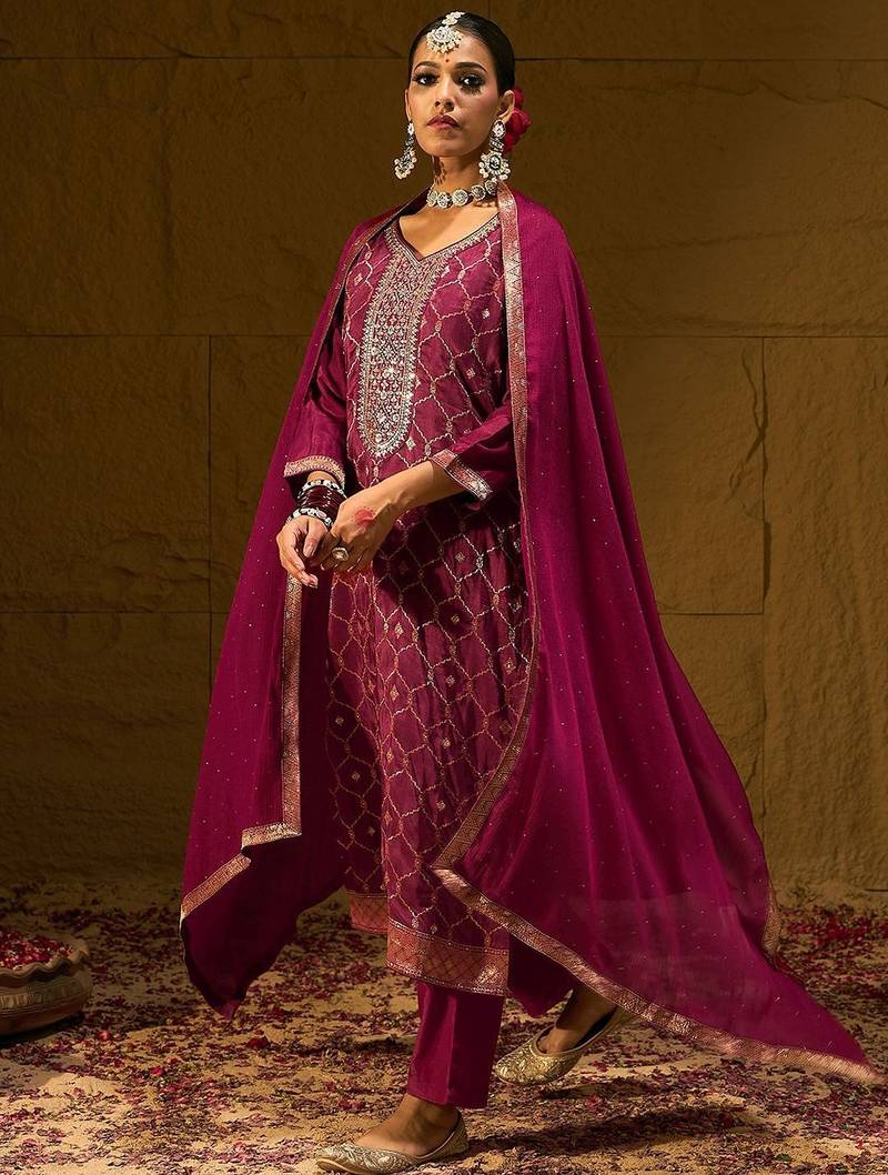 Ethic Motifs Woven Design Straight Kurta with Trousers & Dupatta