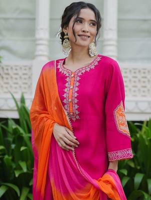 Women Ethnic Motifs Embroidered Regular Kurta with Trousers & With Dupatta 5