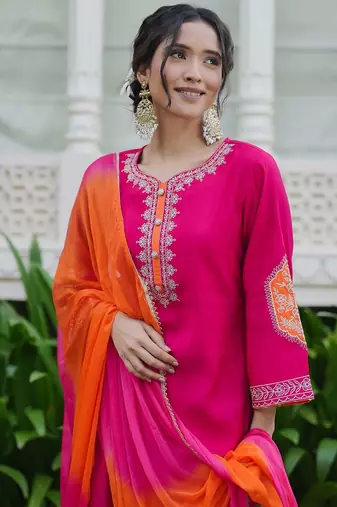 Women Ethnic Motifs Embroidered Regular Kurta with Trousers & With Dupatta