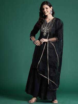 Ethnic Motifs Zari Embroidered Liva Kurta With Sharara & Dupatta 1