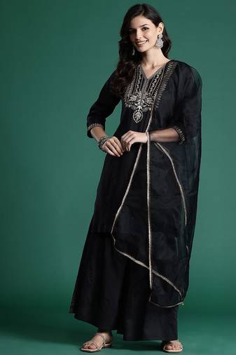 Ethnic Motifs Zari Embroidered Liva Kurta With Sharara & Dupatta