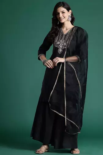 Ethnic Motifs Zari Embroidered Liva Kurta With Sharara & Dupatta