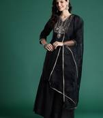 Ethnic Motifs Zari Embroidered Liva Kurta With Sharara & Dupatta