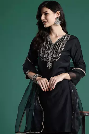 Ethnic Motifs Zari Embroidered Liva Kurta With Sharara & Dupatta