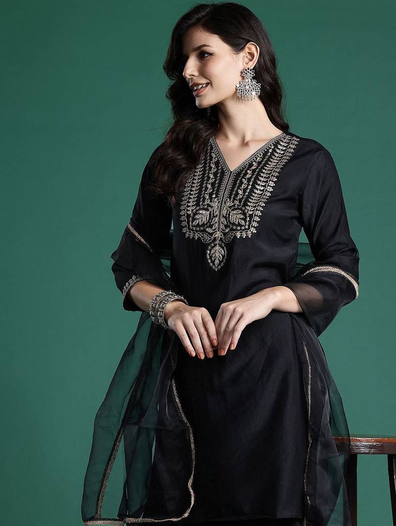 Ethnic Motifs Zari Embroidered Liva Kurta With Sharara & Dupatta