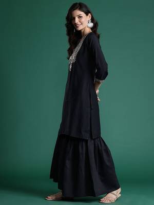 Ethnic Motifs Zari Embroidered Liva Kurta With Sharara & Dupatta 5