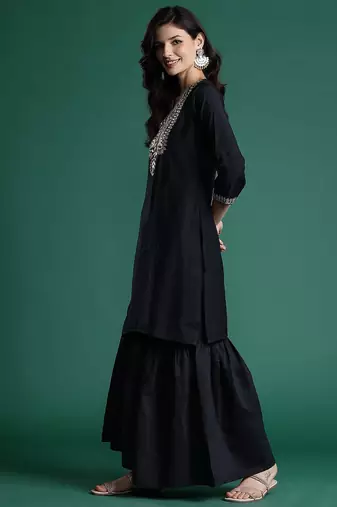 Ethnic Motifs Zari Embroidered Liva Kurta With Sharara & Dupatta