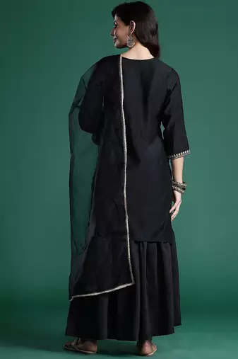 Ethnic Motifs Zari Embroidered Liva Kurta With Sharara & Dupatta