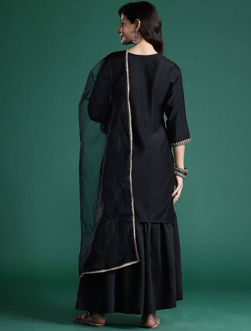 Ethnic Motifs Zari Embroidered Liva Kurta With Sharara & Dupatta