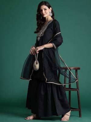 Ethnic Motifs Zari Embroidered Liva Kurta With Sharara & Dupatta 7