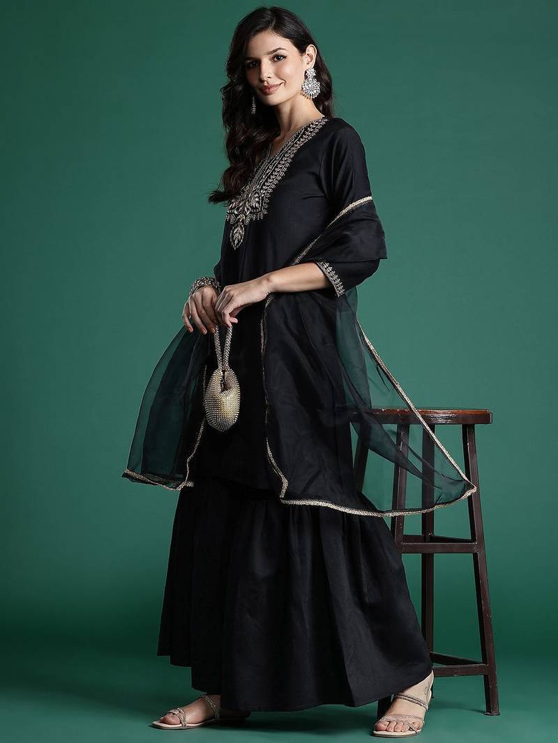 Ethnic Motifs Zari Embroidered Liva Kurta With Sharara & Dupatta
