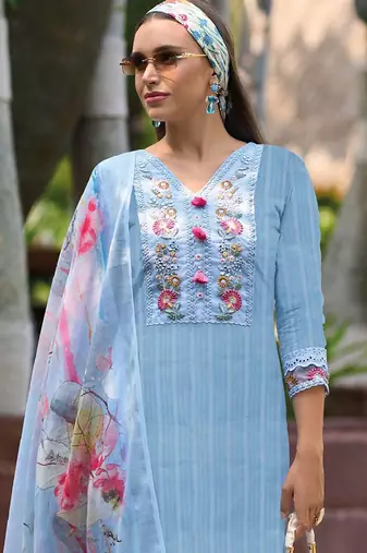 Floral Embroidered Pure Cotton Kurta With Trousers & Dupatta
