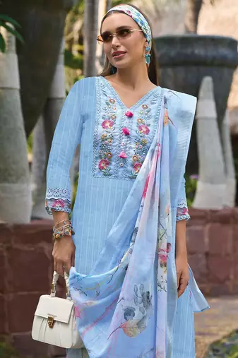 Floral Embroidered Pure Cotton Kurta With Trousers & Dupatta