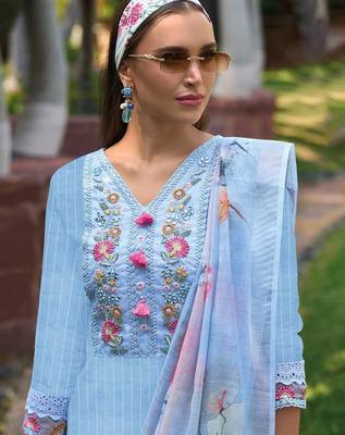 Floral Embroidered Pure Cotton Kurta With Trousers & Dupatta 6