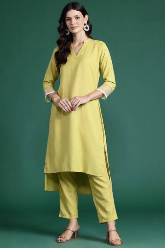 Solid High Low Kurta with Trousers